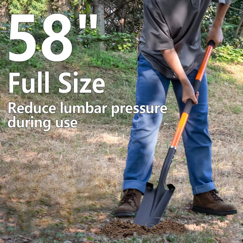 Person using Beefy Heavy Duty Digging Shovel With Fiberglass Handle For Gardening, 58-inch length for leverage in rocky soil