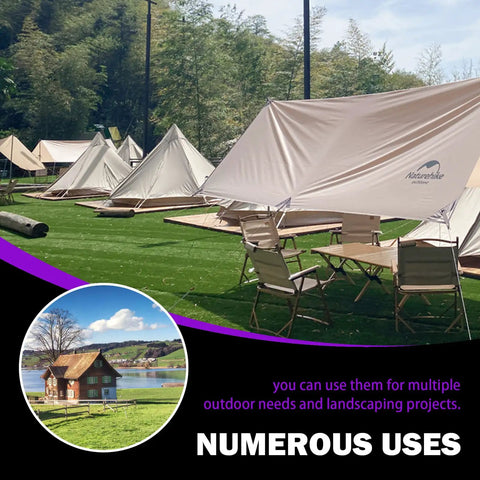 Tents installed in a grassy outdoor setting with trees in background, showing the use of U-Shaped Landscape Stakes and Plastic Fixing Gasket Kit 201-Piece All-In-One Garden Staples With Pick Hook For Irrigation Hoses, Fences, Turf, Weed Barrier, Tents, And Outdoor Projects.