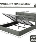 King Size Lift Up Storage Bed Frame With Linen Upholstered Wingback Headboard Heavy Duty Hydraulic Gas Lift Platform Base Room Savior Smart Underbed Stash Zero Squeak Grey dimensions diagram displaying size and lift mechanism.