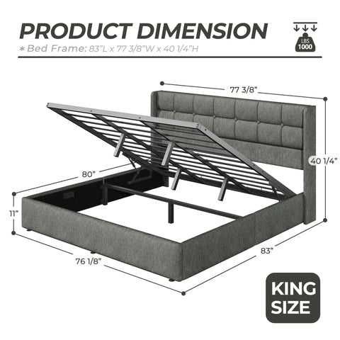 King Size Lift Up Storage Bed Frame With Linen Upholstered Wingback Headboard Heavy Duty Hydraulic Gas Lift Platform Base Room Savior Smart Underbed Stash Zero Squeak Grey dimensions diagram displaying size and lift mechanism.