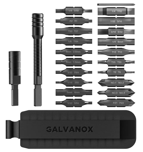 Leatherman Compatible Bit Kit With 21 Hardened 59HRC S2 Steel Bits, magnetic notched design, driver extender and black sheath holder.