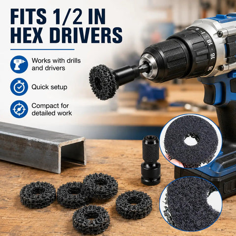 Wheel Hub And Brake Cleaning Tool Kit, 22 Pc Set With 20 Replacement Pads, fits half inch wrenches or electric drill shown