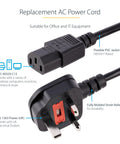 Six Foot UK Computer Power Cord With BS 1363 To C13 Connector 18 AWG 10A 250V Heavy Duty Power Cable For PC Monitor Or TV Durable Molded Cable With Strain Relief Black, flexible PVC jacket, IEC C13 plug visible