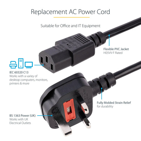 Six Foot UK Computer Power Cord With BS 1363 To C13 Connector 18 AWG 10A 250V Heavy Duty Power Cable For PC Monitor Or TV Durable Molded Cable With Strain Relief Black, flexible PVC jacket, IEC C13 plug visible