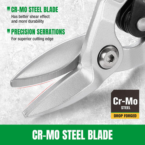 Close-up of Three Piece Aviation Tin Snips Set With Left Right And Straight Cut For Sheet Metal, Drop Forged Cr-Mo Steel