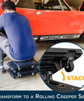 Rock Solid Heavy Duty Furniture Dollies With Wheels For Moving And Interlocking Rolling Movers That Transform Into A Stackable Creeper With 450 Pound Capacity in use as a rolling seat.