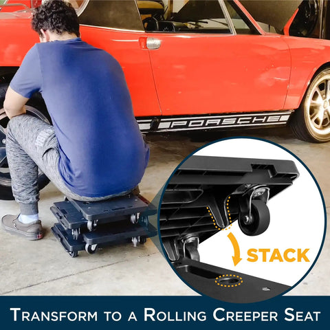 Rock Solid Heavy Duty Furniture Dollies With Wheels For Moving And Interlocking Rolling Movers That Transform Into A Stackable Creeper With 450 Pound Capacity in use as a rolling seat.
