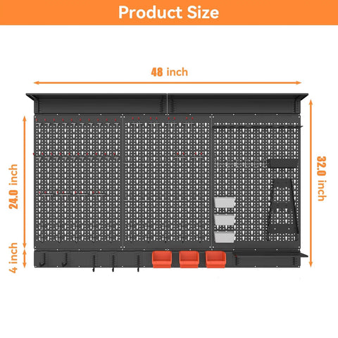 113 Piece Pegboard Wall Organizer Kit With Hooks Bins And Shelves For Garage And Workbench in black with dimensions