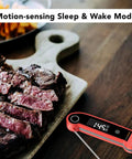 Digital Instant Read Meat Thermometer For Grilling And Cooking, NSF Certified Waterproof IP67, Ambidextrous Backlit next to steak