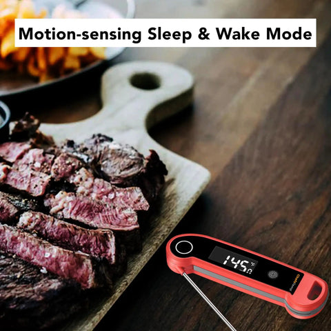 Digital Instant Read Meat Thermometer For Grilling And Cooking, NSF Certified Waterproof IP67, Ambidextrous Backlit next to steak
