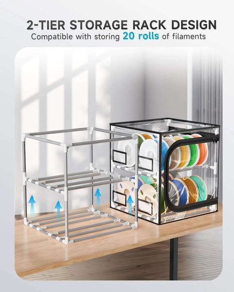 Maker Friendly Two Tier 3D Printer Filament Storage Rack With Transparent Cover Holds Up To 24 Rolls Of 1Kg Filament