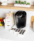 Single Serve Coffee Pod Drawer And Cup Condiment Set For Kitchen Counter 36 Pod Capacity Two Piece White Storage Organizer with coffee maker