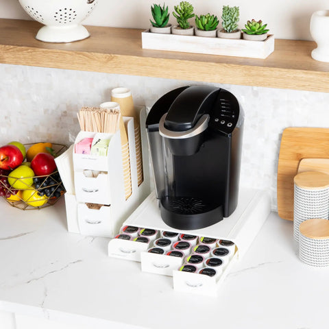 Single Serve Coffee Pod Drawer And Cup Condiment Set For Kitchen Counter 36 Pod Capacity Two Piece White Storage Organizer with coffee maker