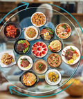 Game Changer Lazy Susan Serving Tray With Whisper Smooth Tempered Glass Top And Beefed Up Aluminum Bearing Base For No Sweat Dining Table Sharing And Hassle Free Entertaining Size Thirty Five Inches Wide with assorted dishes.