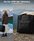 Traveler holding 16 Inch Underseat Carry On Luggage With Wheels 3 In 1 Design by a lake; compact, durable, and airline-approved.