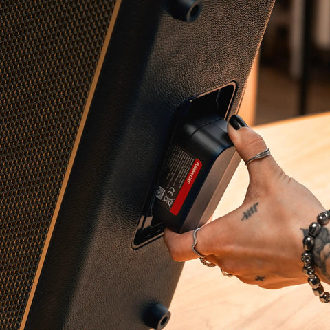 Close-up of Spark 2 Dope Game Changing 50W Smart Guitar Practice Amp With Bluetooth Speaker Built In Looper AI Features And Smart App battery compartment