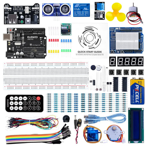Uno Project Super Starter Kit For Beginners With A 22 Lesson PDF Tutorial Electronics Lab components spread out