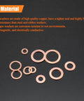 Copper Washers Kit 220 Pieces Ten Sizes M5 M6 M8 M10 M12 M14 M16 Flat Sealing Washers For Tight Seals on black surface