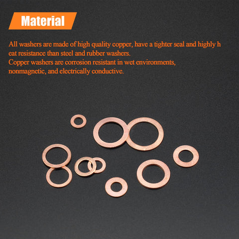 Copper Washers Kit 220 Pieces Ten Sizes M5 M6 M8 M10 M12 M14 M16 Flat Sealing Washers For Tight Seals on black surface