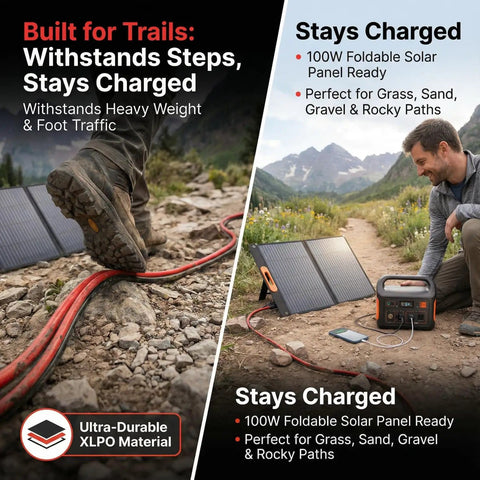 Man using 100W foldable solar panel with Beefy Solar Panel Extension Cable 10 AWG 30ft 6mm2 PV Wire on rocky path