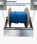 Heavy Duty Cable Drum Roller For Heavy Wire Reels Stainless Steel Cable Roller Stand Reel Dispenser Holds Reels Up To 23 Inches Wide Built To Last Tough As Nails Rugged Cable Caddy For Shop Garage And Outdoor Use displaying blue cable reel on stainless frame