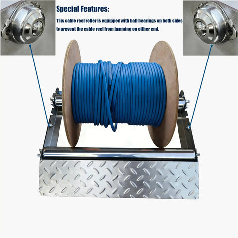 Heavy Duty Cable Drum Roller For Heavy Wire Reels Stainless Steel Cable Roller Stand Reel Dispenser Holds Reels Up To 23 Inches Wide Built To Last Tough As Nails Rugged Cable Caddy For Shop Garage And Outdoor Use displaying blue cable reel on stainless frame