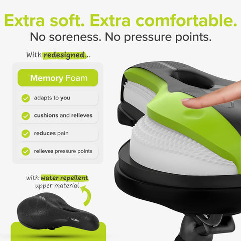 Memory Foam Bike Saddle With Air Ventilation for Men and Women showing foam layers and water repellent cover