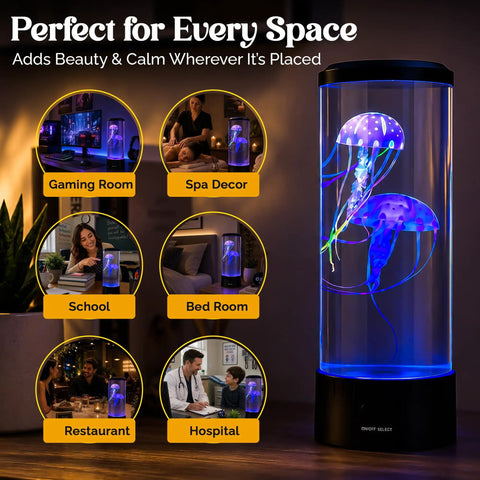Lifelike Jellyfish Lamp With Sixteen Color Options And Four Modes Auto Shutoff Remote Controlled LED Night Light in various spaces