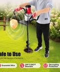 Electric Post Hole Digger Workhorse 1500W 1.6HP in use on grass, showing safe operation features and auger bit drilling into the ground.