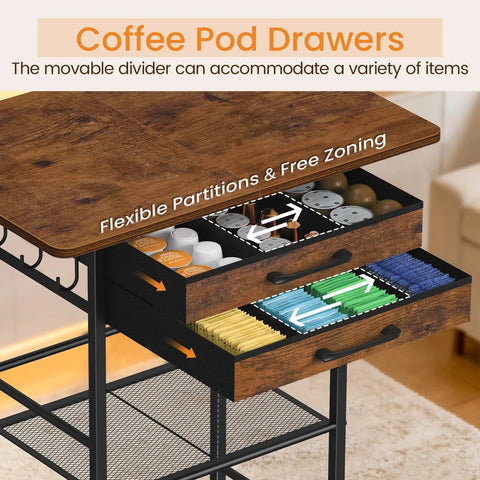 Close-up of drawer with dividers on Five Tier Rolling Coffee Cart On Wheels With Two Large Drawers And Removable Dividers Extra Wide Coffee Bar Cart
