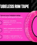 Go Tubeless With Tubeless Rim Tape 25mm Wide With Adhesive Seal For MTB Road And Gravel Bikes 10m Roll Tubeless Kit Easy Airtight Conversion Durable Rim Tape For Reliable Seal And Leak Free Rides - close-up of pink tubeless rim tape roll with adhesive side visible, features icons and text descriptions on sealing performance, semi-transparent material, and included seal patches.