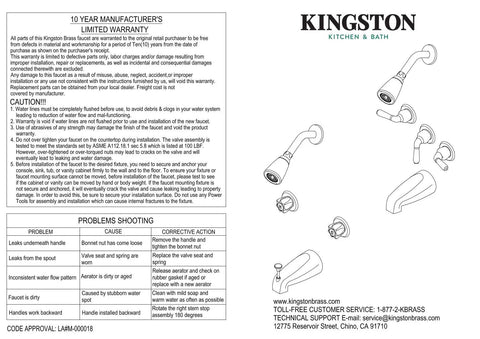 Warranty and installation guide for Brass Tub And Shower Faucet With 3 Cross Handles In Polished Chrome, 5 Inch Spout Reach.