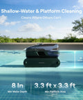 Sora 70 Pool Vacuum Robot With 360 Degree Top To Bottom Cleaning showing shallow-water cleaning capability in scenic pool setting.