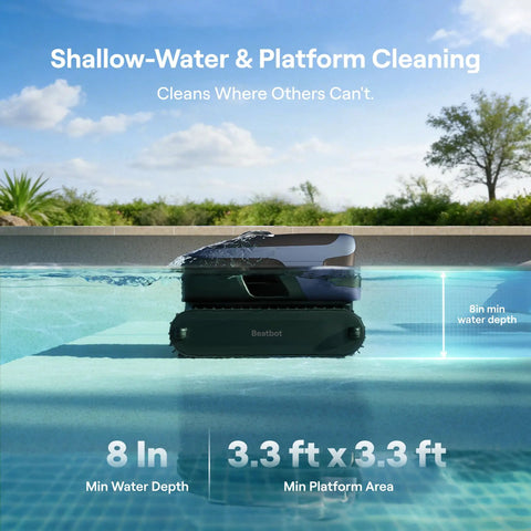 Sora 70 Pool Vacuum Robot With 360 Degree Top To Bottom Cleaning showing shallow-water cleaning capability in scenic pool setting.