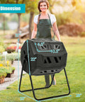 Person standing with 43 Gallon Composting Tumbler With Dual Chamber Design And Two Sliding Doors for no fuss backyard composting.
