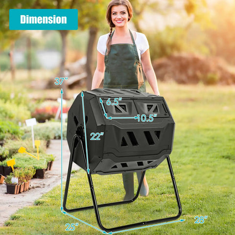 Person standing with 43 Gallon Composting Tumbler With Dual Chamber Design And Two Sliding Doors for no fuss backyard composting.