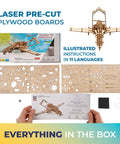 Bayraktar TB2 Combat Drone Wooden Model Kit With Movable Rudders, Wing Ailerons, Moving Camera And Underwing Missiles, Realistic 3D Puzzle For Adults, Durable Handcrafted Aircraft Building Toy For Collectors And Tinkerers. Laser-cut plywood boards and instructions shown.