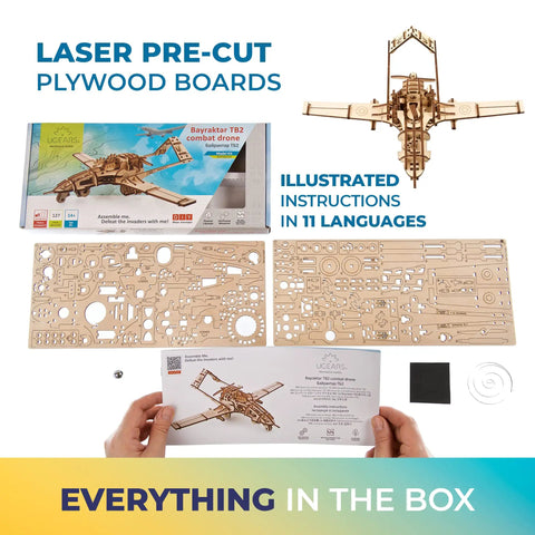 Bayraktar TB2 Combat Drone Wooden Model Kit With Movable Rudders, Wing Ailerons, Moving Camera And Underwing Missiles, Realistic 3D Puzzle For Adults, Durable Handcrafted Aircraft Building Toy For Collectors And Tinkerers. Laser-cut plywood boards and instructions shown.