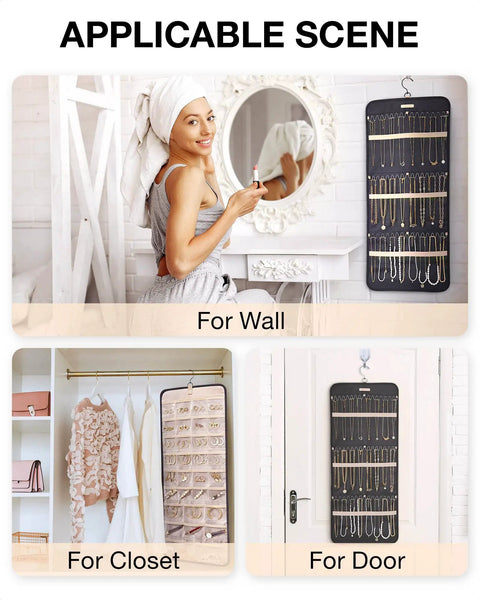 Premium Hanging Jewelry Organizer Roll With Durable Wave Shaped Hooks Holds Forty Two Chains Earrings And Rings For Quick Travel Access Black Gonna Keep Your Bling Completely Locked Down