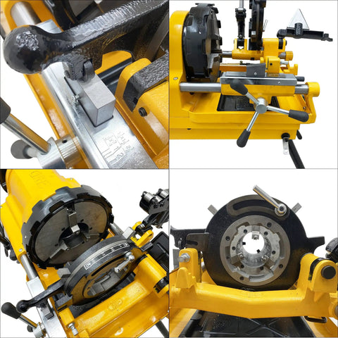 Smooth Operator 750W Electric Pipe Threader Machine Cuts Threads 1/2 To 4 Inch NPT BSPT Pipe Fast showing detailed chuck and threading components.