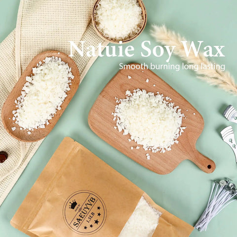 Beginner Friendly DIY Soy Candle Making Kit With Melting Pot, 10 Jars And Tins, 10 Scents, soy wax displayed on boards
