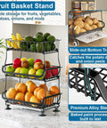 Three Tier Rolling Pantry Cart With Wheels, Stackable Wire Baskets For Pantry Shelves, Fruit And Veggie Storage Stand