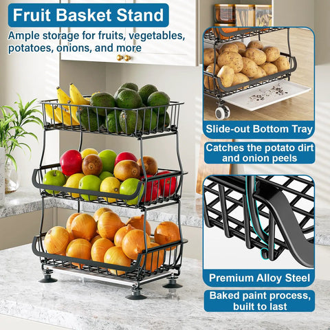 Three Tier Rolling Pantry Cart With Wheels, Stackable Wire Baskets For Pantry Shelves, Fruit And Veggie Storage Stand