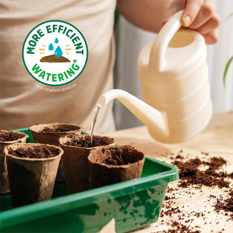 Person watering pots in a tray with 3-In-1 Seed Starting Mix For Herbs, Veggies, And Flowers, 6 Quarts, 100 Percent Organic And USA Made.