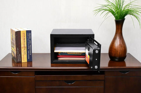 Digital Depository Safe For Cash And Mail Front Load Drop Box With Multi User PIN Lock open on wooden desk with books nearby