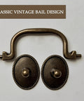 Six Pack Vintage Bail Drawer Pulls In Antique Brass, 3-3/8 Inch Hole Centers, Classic Drop Cabinet Handles displayed on white background