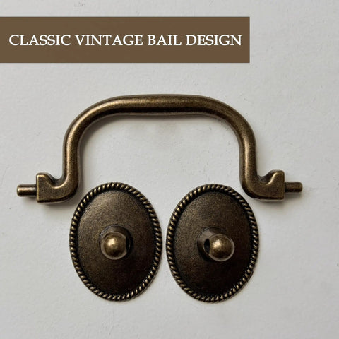 Six Pack Vintage Bail Drawer Pulls In Antique Brass, 3-3/8 Inch Hole Centers, Classic Drop Cabinet Handles displayed on white background