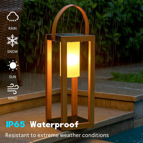 Rustic Solar Lantern For Outdoor Use With Portable Handle, Waterproof All-Weather Steel Yard Light in the rain.