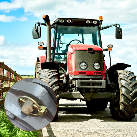 Four Pack Quarter Inch Linch Pins Assortment Kit Heavy Duty Locking Shaft Pins For Tractors Farm Trailers Mowers Trolleys Trucks Carriages Prevent Pin Loss And Ensure Easy Quick Release Fastening installed on a tractor.