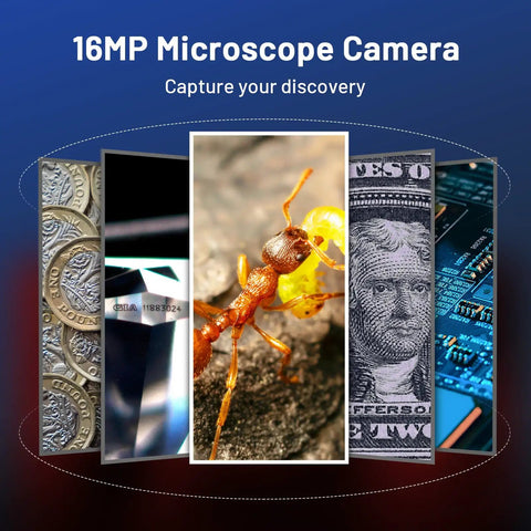 Handheld Digital Microscope With 2 Inch LCD Screen, 100X Coin Magnifier and Jewelry Loupe, Lighted Trichome Magnifying Glass, Handy Pocket Friendly and Portable for Collectors, Easy Share Live View for Coins, Gems, Jewelry, and Error Coins showing coins, gem, ant, banknote, and circuit board samples